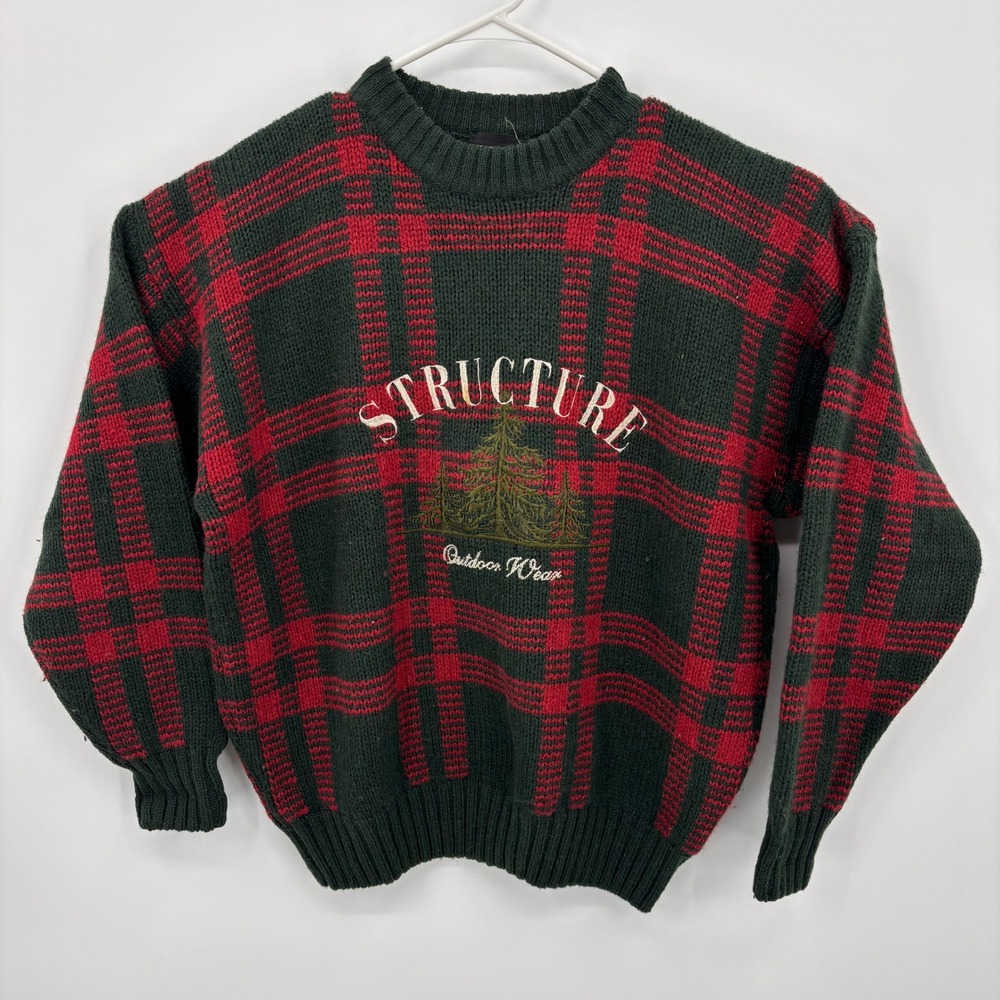 Structure Plaid Sweater Mens Large Green Red Wool Vintage Outdoor Wear Good